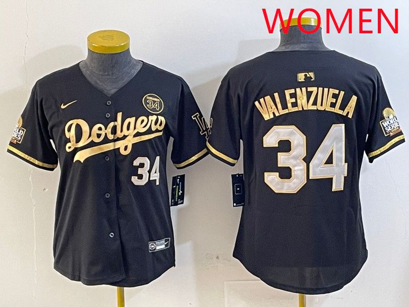 Women Los Angeles Dodgers #34 Valenzuela Black Gold 2025 Nike MLB Jersey style 414